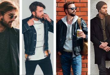 Four men modeling casual street style outfits with jackets, hoodies, and layered streetwear